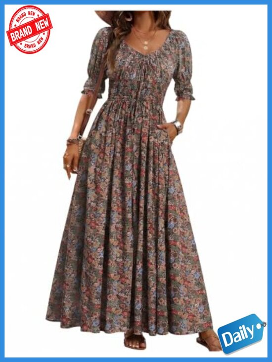 Dresses & Skirts - Boho Floral Puff Sleeve Maxi Dress with Pockets, Smocked A-Line